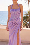 Blush Decote Halter Lantejoulas Bordado Vestido Formal Longo Sereia Franzido