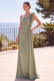 Verde sálvia com decote em V franzido 3D Apliques florais Vestido formal comprido