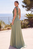 Verde sálvia com decote em V franzido 3D Apliques florais Vestido formal comprido