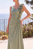 Verde sálvia com decote em V franzido 3D Apliques florais Vestido formal comprido