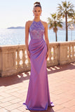 Decote halter, lantejoulas roxas de cetim, bordado floral, sereia franzida, vestido formal comprido