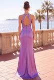 Decote halter, lantejoulas roxas de cetim, bordado floral, sereia franzida, vestido formal comprido