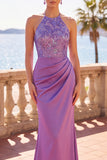 Decote halter, lantejoulas roxas de cetim, bordado floral, sereia franzida, vestido formal comprido
