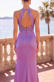 Decote halter, lantejoulas roxas de cetim, bordado floral, sereia franzida, vestido formal comprido