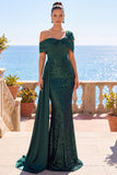 Verde escuro cintilante, assimétrico ombro descoberto, lantejoulas, vestido formal longo de sereia com faixa