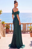 Verde escuro cintilante, assimétrico ombro descoberto, lantejoulas, vestido formal longo de sereia com faixa