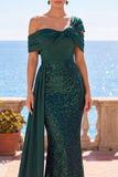 Verde escuro cintilante, assimétrico ombro descoberto, lantejoulas, vestido formal longo de sereia com faixa
