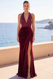 Veludo Borgonha com gola alta, lantejoulas, sereia franzida, vestido formal comprido com fenda lateral