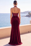 Veludo Borgonha com gola alta, lantejoulas, sereia franzida, vestido formal comprido com fenda lateral