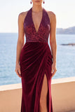 Veludo Borgonha com gola alta, lantejoulas, sereia franzida, vestido formal comprido com fenda lateral