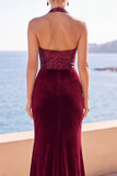 Veludo Borgonha com gola alta, lantejoulas, sereia franzida, vestido formal comprido com fenda lateral
