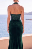 Veludo Borgonha com gola alta, lantejoulas, sereia franzida, vestido formal comprido com fenda lateral