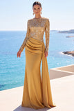 Mangas compridas de cetim dourado, lantejoulas, vestido formal longo de sereia com faixa