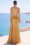 Mangas compridas de cetim dourado, lantejoulas, vestido formal longo de sereia com faixa
