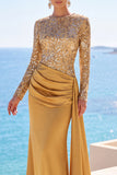 Mangas compridas de cetim dourado, lantejoulas, vestido formal longo de sereia com faixa