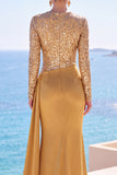Mangas compridas de cetim dourado, lantejoulas, vestido formal longo de sereia com faixa