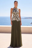 Vestido formal longo com decote plissado oliva e decote halter, vestido formal comprido com aplíquios florais 3D