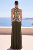 Vestido formal longo com decote plissado oliva e decote halter, vestido formal comprido com aplíquios florais 3D