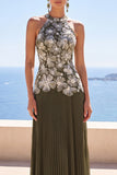 Vestido formal longo com decote plissado oliva e decote halter, vestido formal comprido com aplíquios florais 3D