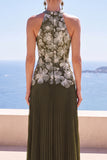 Vestido formal longo com decote plissado oliva e decote halter, vestido formal comprido com aplíquios florais 3D