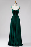 Espartilho de veludo verde-escuro com alças grossas plissadas Vestido formal longo em linha A