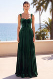 Espartilho de veludo verde-escuro com alças grossas plissadas Vestido formal longo em linha A