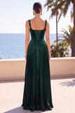 Espartilho de veludo verde-escuro com alças grossas plissadas Vestido formal longo em linha A