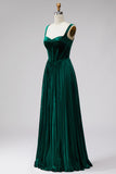 Espartilho de veludo verde-escuro com alças grossas plissadas Vestido formal longo em linha A