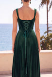 Espartilho de veludo verde-escuro com alças grossas plissadas Vestido formal longo em linha A