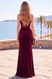Veludo Borgonha, lantejoulas, gola alta, bainha franzida, vestido formal comprido com fenda