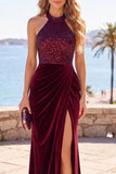 Veludo Borgonha, lantejoulas, gola alta, bainha franzida, vestido formal comprido com fenda