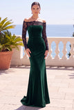 Vestido formal longo de sereia em veludo de ombros descobertos, renda de ombros descobertos