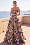 Vestido formal longo Rucehd com recortes em linha A com recorte azul amarelo