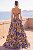 Vestido formal longo Rucehd com recortes em linha A com recorte azul amarelo