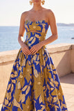 Vestido formal longo Rucehd com recortes em linha A com recorte azul amarelo