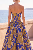 Vestido formal longo Rucehd com recortes em linha A com recorte azul amarelo