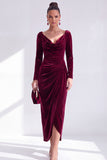 Vestido de Mãe da Noiva, Vestido de Mãe da Noiva Bodycon Veludo Bodycon Decote em V, Verde Escuro