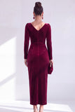 Vestido de Mãe da Noiva, Vestido de Mãe da Noiva Bodycon Veludo Bodycon Decote em V, Verde Escuro