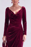 Vestido de Mãe da Noiva, Vestido de Mãe da Noiva Bodycon Veludo Bodycon Decote em V, Verde Escuro