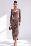 Vestido de Mãe da Noiva, Vestido de Mãe da Noiva Bodycon Veludo Bodycon Decote em V, Verde Escuro