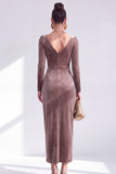 Vestido de Mãe da Noiva, Vestido de Mãe da Noiva Bodycon Veludo Bodycon Decote em V, Verde Escuro