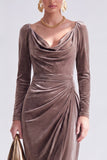Vestido de Mãe da Noiva, Vestido de Mãe da Noiva Bodycon Veludo Bodycon Decote em V, Verde Escuro