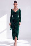 Vestido de Mãe da Noiva, Vestido de Mãe da Noiva Bodycon Veludo Bodycon Decote em V, Verde Escuro