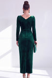Vestido de Mãe da Noiva, Vestido de Mãe da Noiva Bodycon Veludo Bodycon Decote em V, Verde Escuro