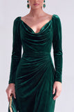 Vestido de Mãe da Noiva, Vestido de Mãe da Noiva Bodycon Veludo Bodycon Decote em V, Verde Escuro