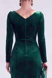 Vestido de Mãe da Noiva, Vestido de Mãe da Noiva Bodycon Veludo Bodycon Decote em V, Verde Escuro
