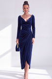 Vestido de Mãe da Noiva, Vestido de Mãe da Noiva Bodycon Veludo Bodycon Decote em V, Verde Escuro