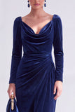 Vestido de Mãe da Noiva, Vestido de Mãe da Noiva Bodycon Veludo Bodycon Decote em V, Verde Escuro