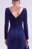 Vestido de Mãe da Noiva, Vestido de Mãe da Noiva Bodycon Veludo Bodycon Decote em V, Verde Escuro