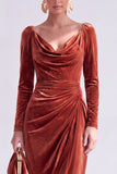 Vestido de Mãe da Noiva, Vestido de Mãe da Noiva Bodycon Veludo Bodycon Decote em V, Verde Escuro